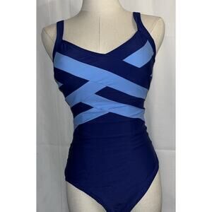 Women's Modest Full Coverage One Piece Slimming V Neck Color Block Swimwear S